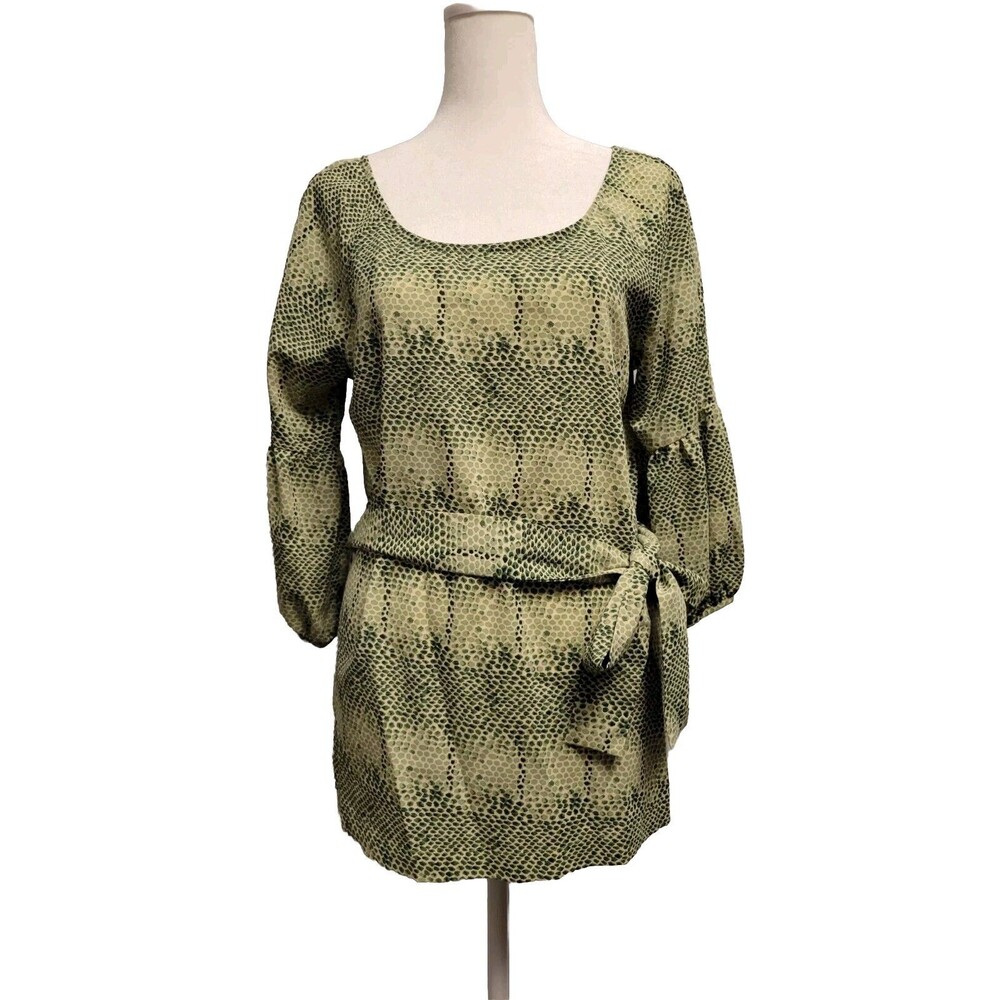 BCBG Maxazria Blouse Womens Medium Tie Waist Puff Sleeve Green Snake Print